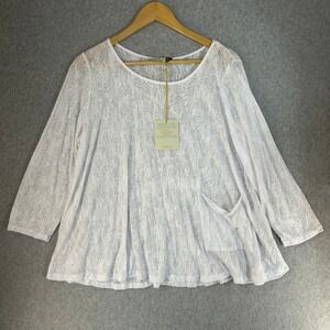Chalet Size Large White Botanical Burnout Blouse Pocket 3/4 Sleeve Tie Back NWT